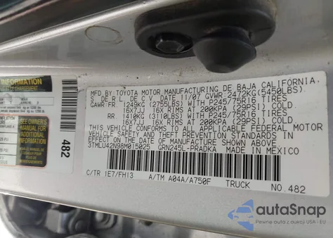 2008 Toyota Tacoma Base V6 z USA, uszkodzony, nr VIN 3TMLU42N98M015025